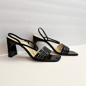 Vintage Ann Marino Black Patent Leather Slingback Heels Square Toe Eyelet Y2K